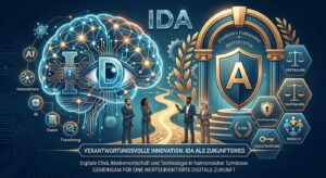 Eine detaillierte Infografik mit dem Titel „VERANTWORTUNGSVOLLE INNOVATION: IDA ALS ZUKUNFTSWEG“, die die Verbindung von Technologie und Ethik darstellt. Auf der linken Seite visualisiert ein leuchtendes Gehirn aus Schaltkreisen und Datenpunkten, zusammen mit den Buchstaben I und D und einem Auge, die Themen Innovation, KI, Daten und Forschung. Auf der rechten Seite symbolisiert ein antikes Portal mit Säulen und einem Schild mit dem Buchstaben A das ethische Fundament und Wertesystem. Um das Portal herum sind sechseckige Icons mit den deutschen Begriffen VERTRAUEN (Waage), VERANTWORTUNG (Schild), ETHIK (Lorbeerkranz) und MENSCH (Gruppe von Personen) angeordnet. Vier Geschäftsleute stehen in der Mitte auf einem geschwungenen Lichtpfad und blicken auf das Portal, was den Weg zur verantwortungsvollen Innovation darstellt. Der Text am unteren Rand lautet: „Digitale Ethik, Medienwirtschaft und Technologie in harmonischer Symbiose. GEMEINSAM FÜR EINE WERTEORIENTIERTE DIGITALE ZUKUNFT“. Der Gesamtstil ist modern, digital und inspirierend in Blau- und Goldtönen gehalten.