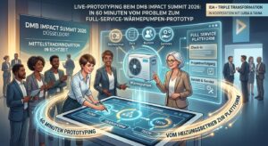 Eine detaillierte Event-Infografik zum Thema Live-Prototyping auf dem DMB Impact Summit 2026 in Düsseldorf. Die Grafik zeigt eine Gruppe von Workshop-Teilnehmern und Moderatorinnen rund um einen interaktiven Tisch mit der Aufschrift „Triple Transformation“ und den drei Stufen „THINK“, „TRANSFORM“ und „TECH“. Darüber schwebt eine leuchtende 3D-Illustration einer modernen Wärmepumpe, die über digitale Linien mit Benutzeroberflächen wie einer „FULL SERVICE PLATTFORM“ verbunden ist. Auf der Benutzeroberfläche sind Menüpunkte wie „Check-in“, „Projektverfolgung“ sowie „Betrieb & Service“ zu sehen. Im Hintergrund ist eine Summit-Bühne mit Bannern zu sehen. Text-Elemente auf der Grafik lauten „60 MINUTEN PROTOTYPING“ und „VOM HEIZUNGSBETRIEB ZUR PLATTFORM“.